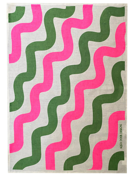Green + highlighter pink Stove pipe linen tea towel (Natural and off-white)