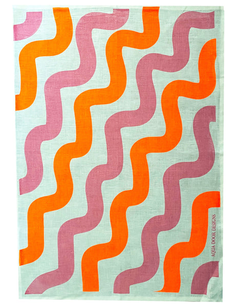Pink + neon orange Stove pipe linen tea towel (Natural and off-white)