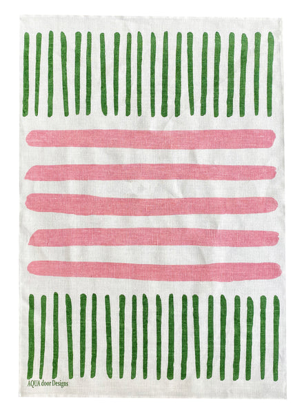 Green + pink Turkish stripe linen tea towel (Natural and off-white)