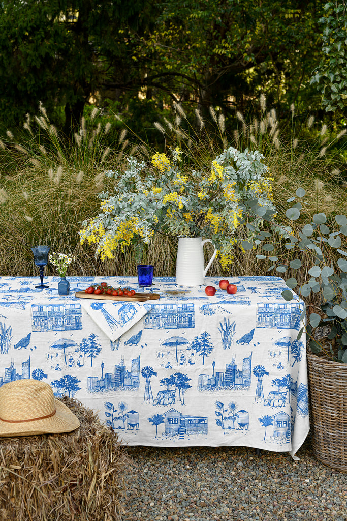 Blue Bush and the Big smoke linen tablecloth