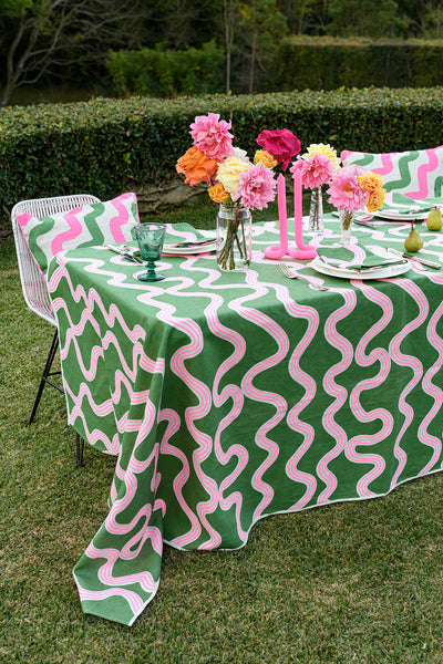 Green + highlighter pink Spaghetti linen tablecloth