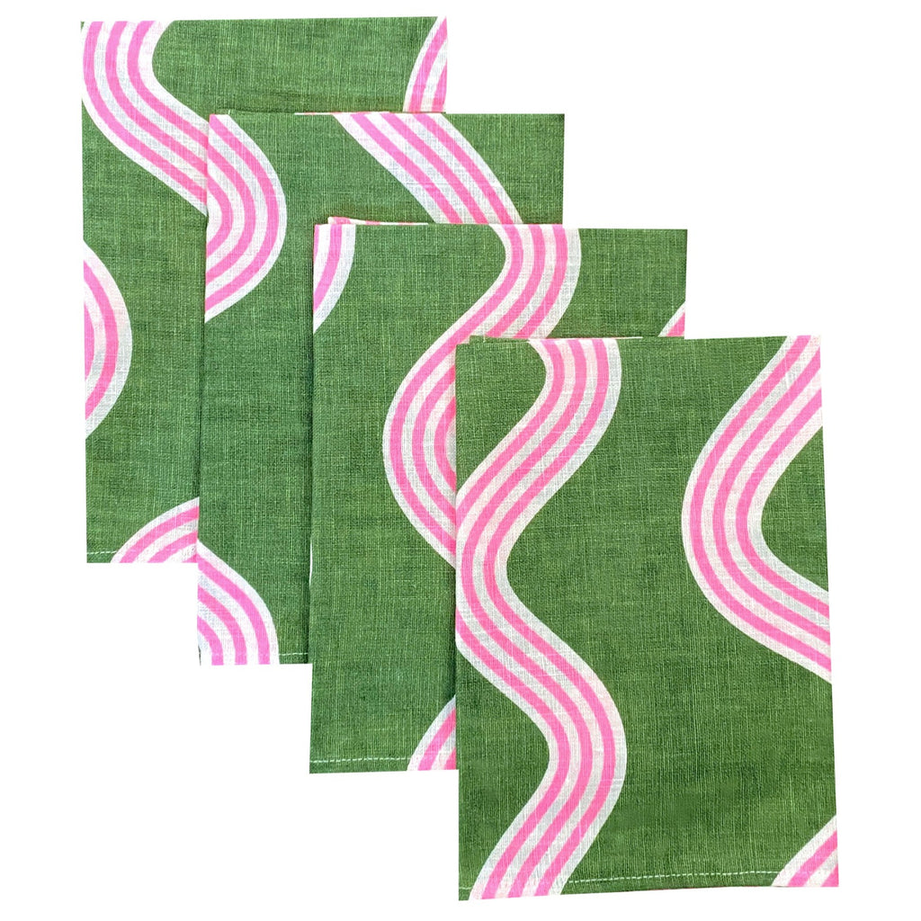 Green + highlighter pink Spaghetti linen napkins (set of 4)