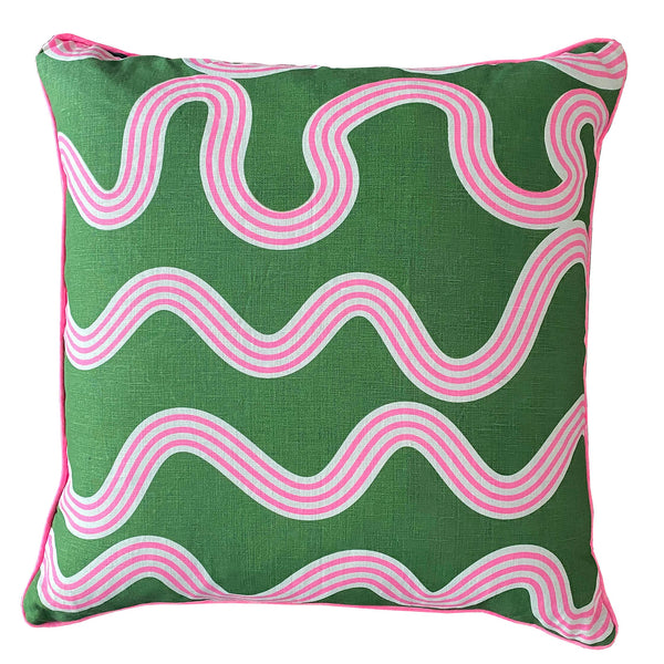 Spaghetti cushion in green + highlighter pink 50cm