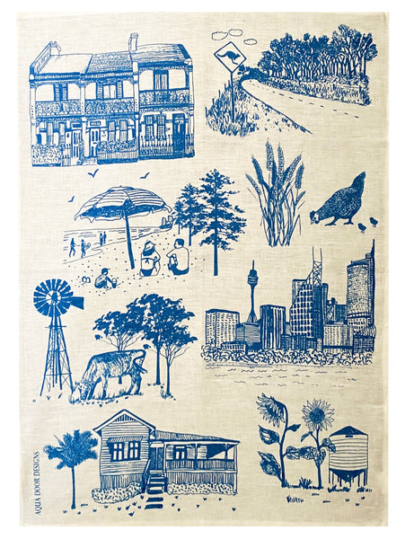 Blue Bush and the Big smoke linen tea towel (Natural and off-white)