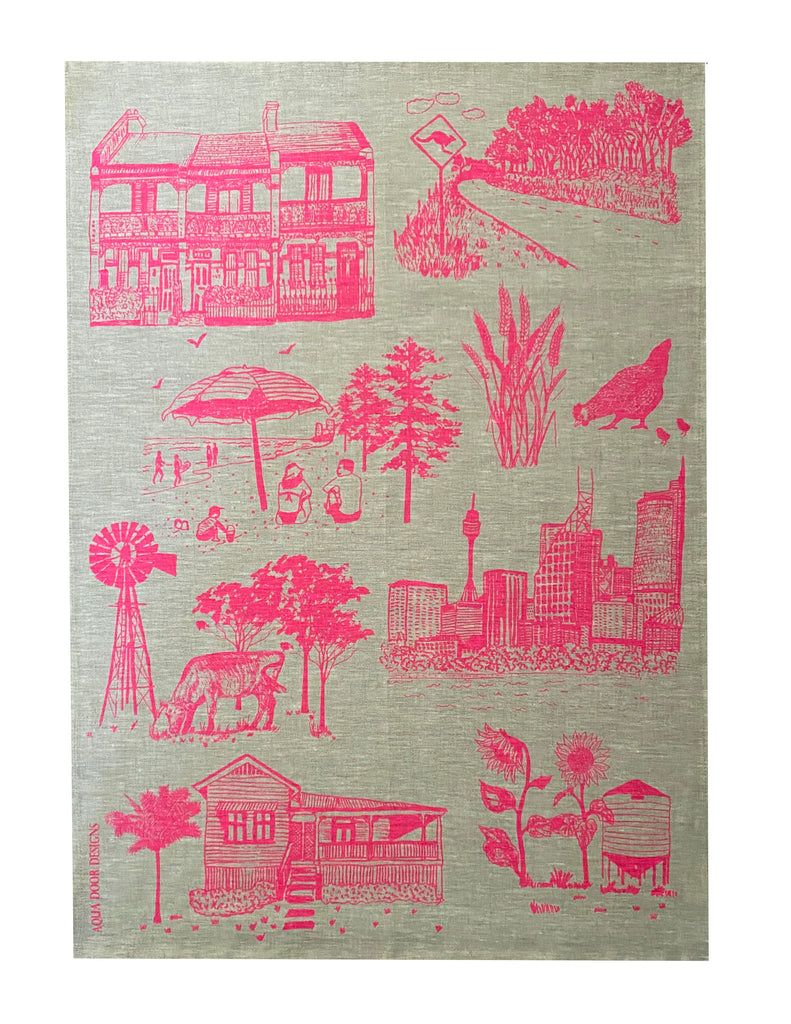 Highlighter pink Bush and the Big smoke linen tea towel (Natural and off-white)