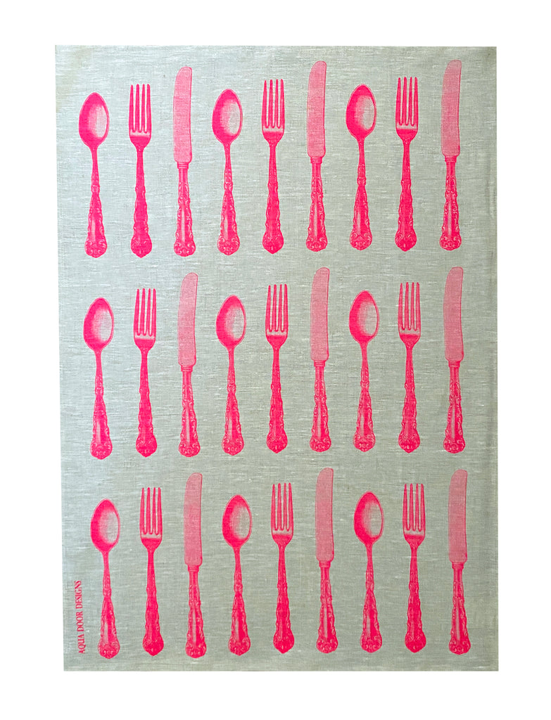 Neon pink Cutlery linen tea towel (Natural and off-white)
