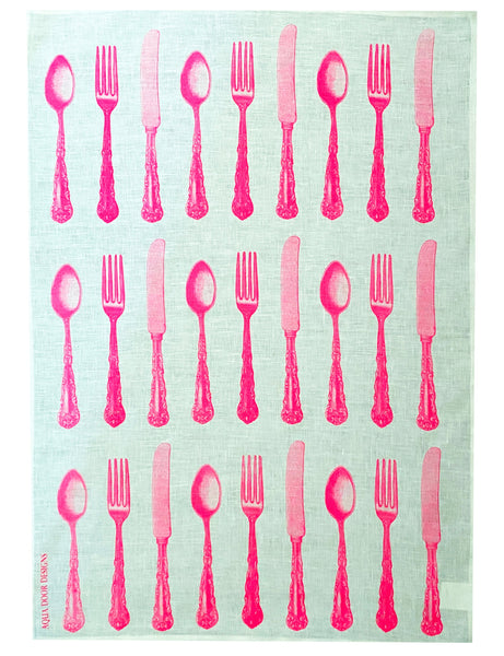 Neon pink Cutlery linen tea towel (Natural and off-white)