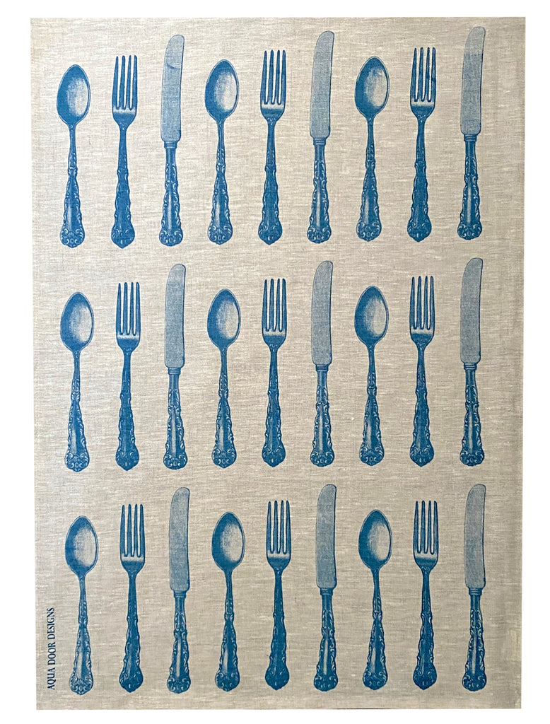Blue Cutlery linen tea towel (Natural and off-white)