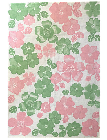 Pink + green Daisy linen tea towel (Natural and off-white)