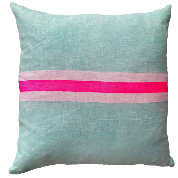 Tennis stripe cushion - aqua + highlighter pink 50cm