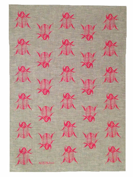 Neon pink Christmas Beetle linen tea towel (Natural and off-white)