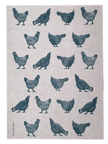 Navy Chooks linen tea towel (Natural and off-white)