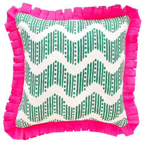 Green RicRac linen cushion with neon pleat trim