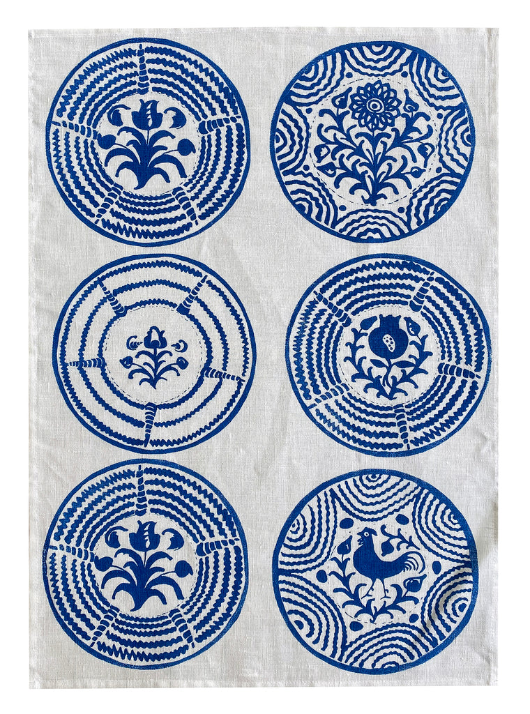 Blue Lebrillo linen tea towel (Natural and off-white)