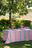 Highlighter pink + pale blue Turkish stripe linen tablecloth