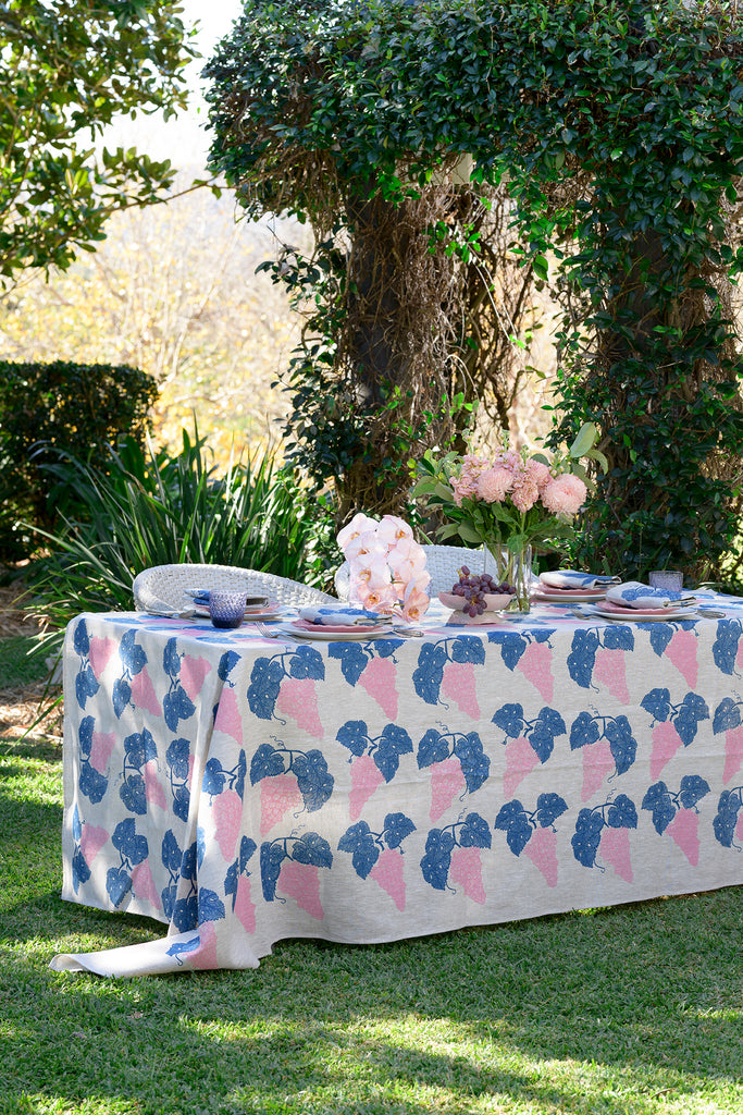 Denim + pink Grapes linen tablecloth