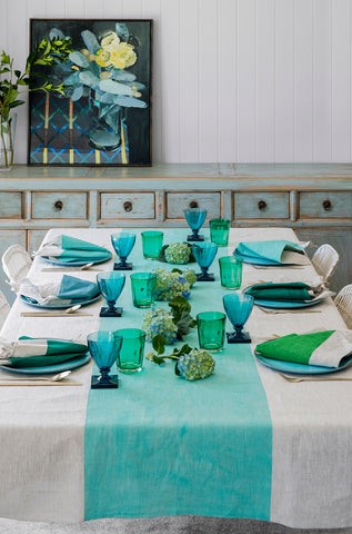 Aqua Colourblock linen tablecloth