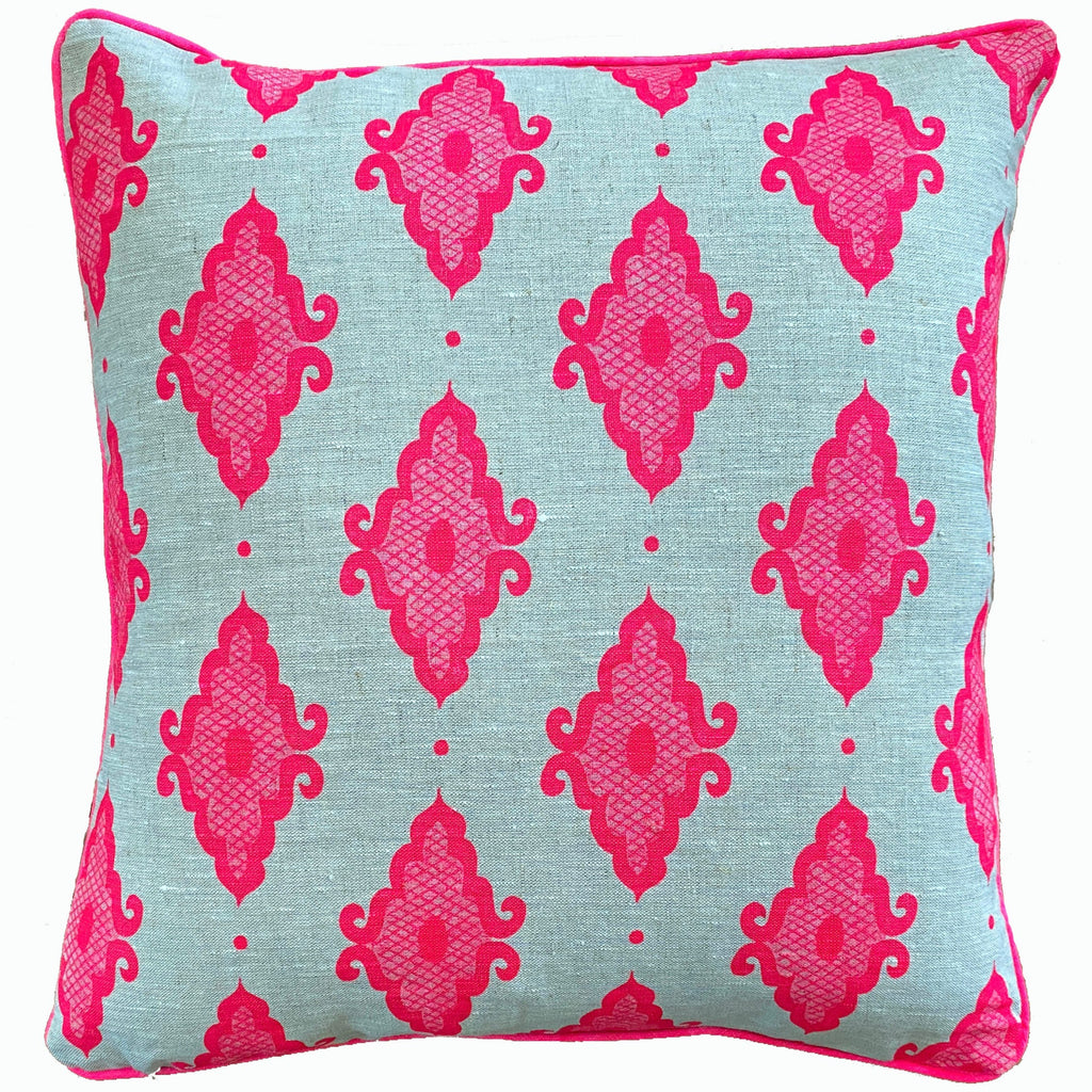 Neon pink Arabesque linen cushion
