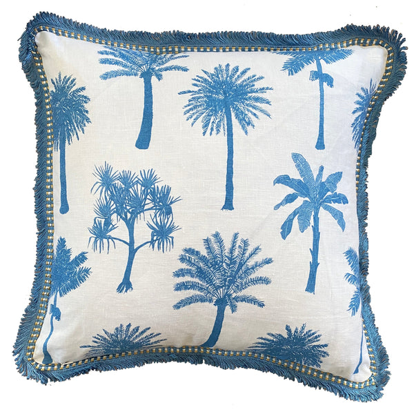 Chambray blue Palms linen cushion