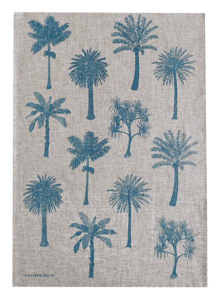 Chambray blue Palms linen tea towel (Natural and off-white)