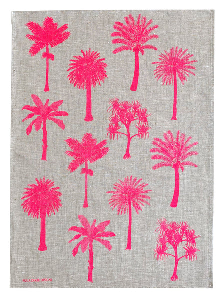 Neon pink Palms linen tea towel (Natural and off-white)
