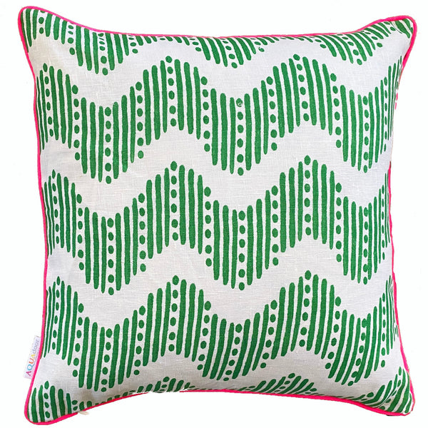 Green RicRac stripe linen cushion