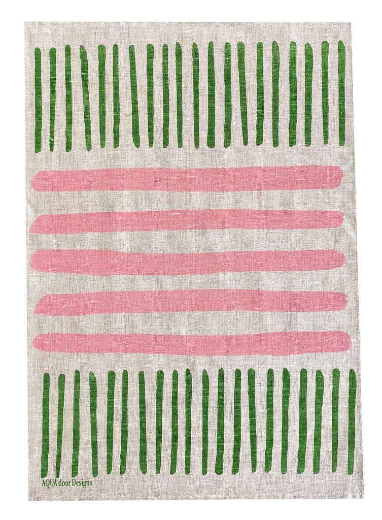 Green + pink Turkish stripe linen tea towel (Natural and off-white)