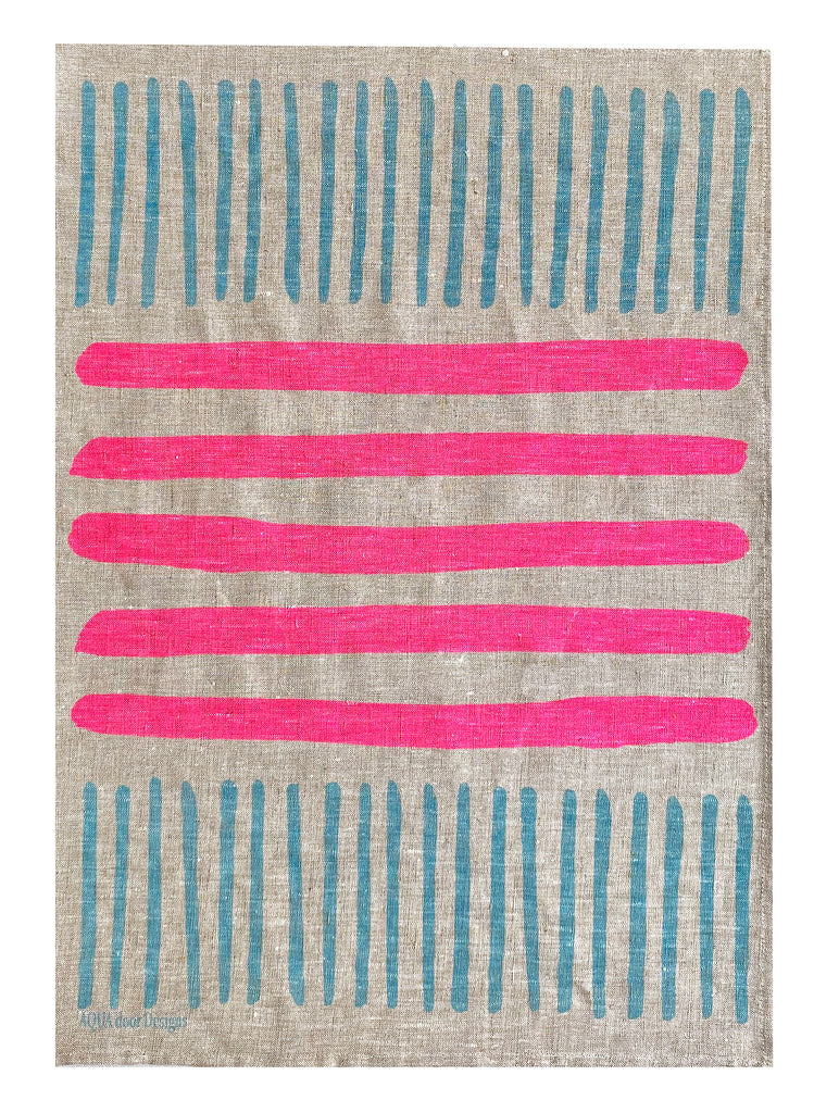 Highlighter pink + pale blue Turkish stripe linen tea towel (Natural and off-white)