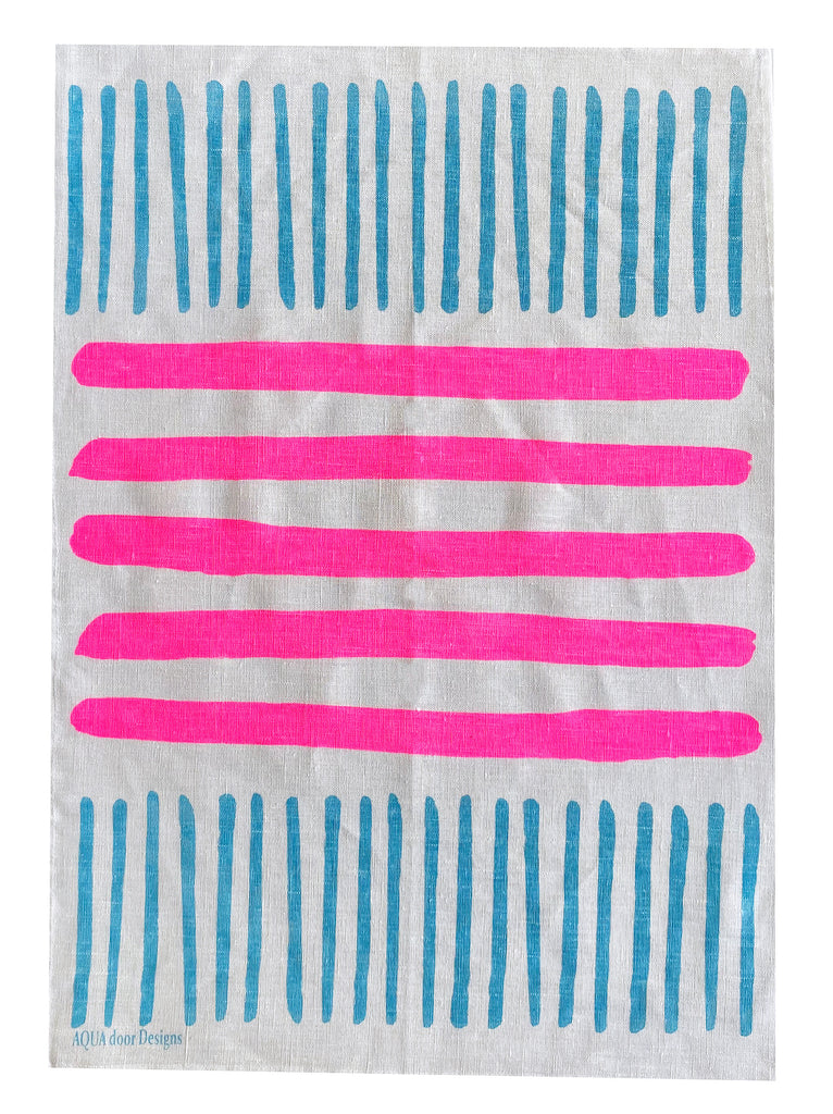 Highlighter pink + pale blue Turkish stripe linen tea towel (Natural and off-white)
